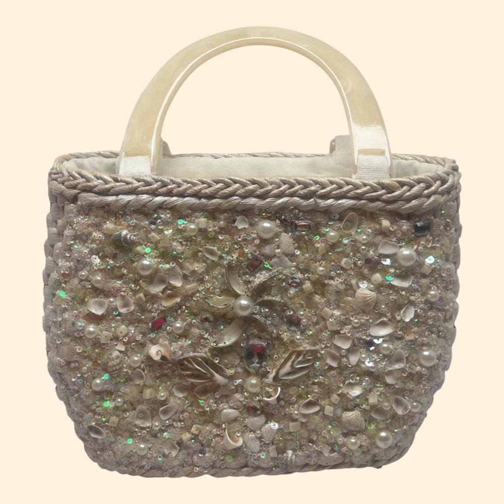 Cappelli Straworld Vintage 1960s 1970s Beaded Straw Handbag with Lucite Handles